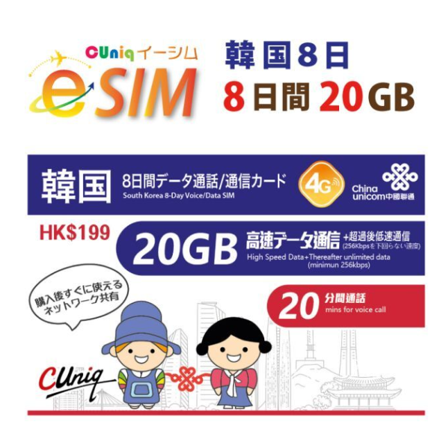 【eSIM/メール納品】韓国 20GB8日 データ+音声通話 プリペイドeSIM ChinaUnicom